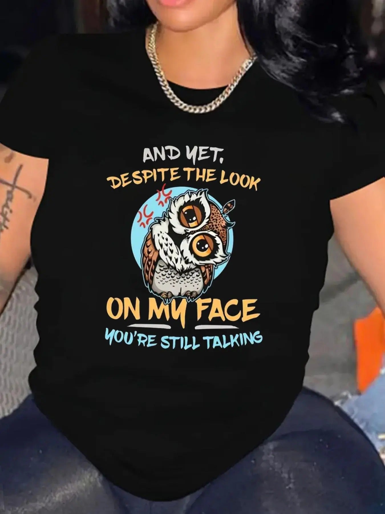 Plus Size Cartoon Owl & Letter Print Round Neck Tee, Fashion Casual Crew Neck T-Shirt for Daily Holiday Vacation Outdoor...