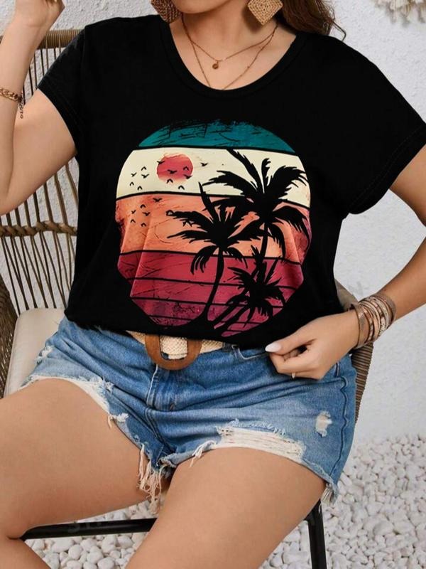 Plus Size Cartoon Palm Tree Graphic Print Round Neck Tee, Fashion Casual Short Sleeve T-shirt for Daily Wear, Women's...