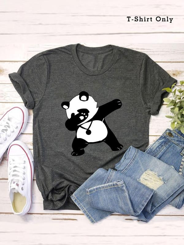 Plus Size Cartoon Panda Print Round Neck Tee, Fashion Casual T-shirt for Daily Vacation Outdoor Wear, Women Plus Clothing...