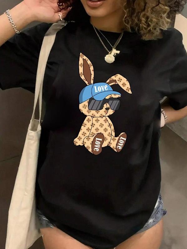 Plus Size Cartoon Rabbit Print Round Neck Tee, Fashion Casual Crew Neck Short Sleeve T-Shirt for Daily Outdoor Wear,...