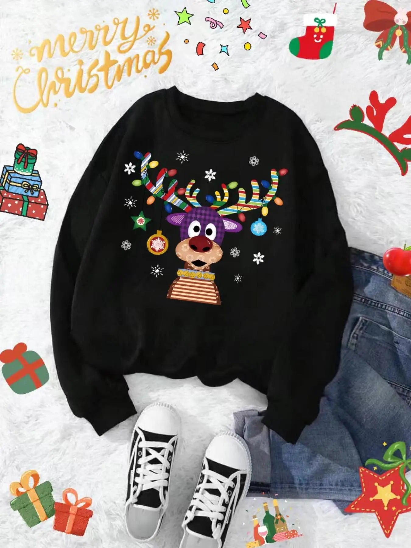 Plus Size Cartoon Reindeer Print Drop Shoulder Sweatshirt, Casual Long Sleeve Round Neck Pullover for Daily Wear, Women's...