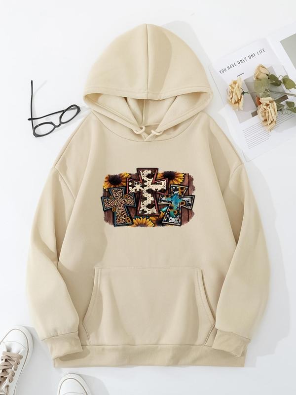 Plus Size Cross & Floral Print Drop Shoulder Drawstring Hoodie, Fashion Casual Pocket Hooded Sweatshirt for Daily Outdoor...