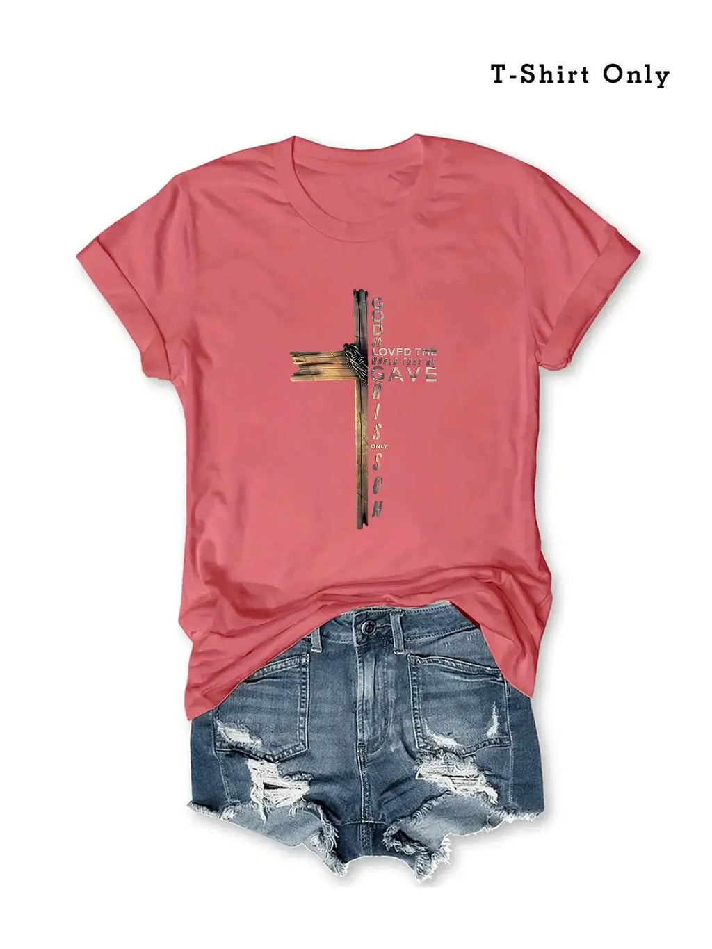Plus Size Cross & Letter Print Short Sleeve Tee, Casual Round Neck T-Shirt for Summer, Women's Plus Clothing for Daily...