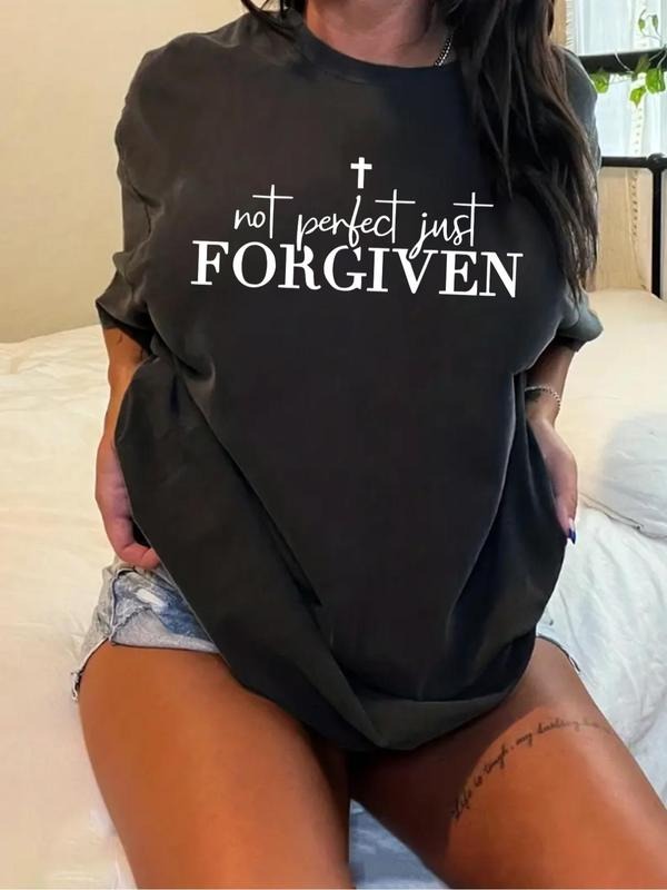 Plus Size Cross Letter Print Drop Shoulder Tee, Casual Half Sleeve Round Neck T-shirt for Summer, Women's Plus Clothing...