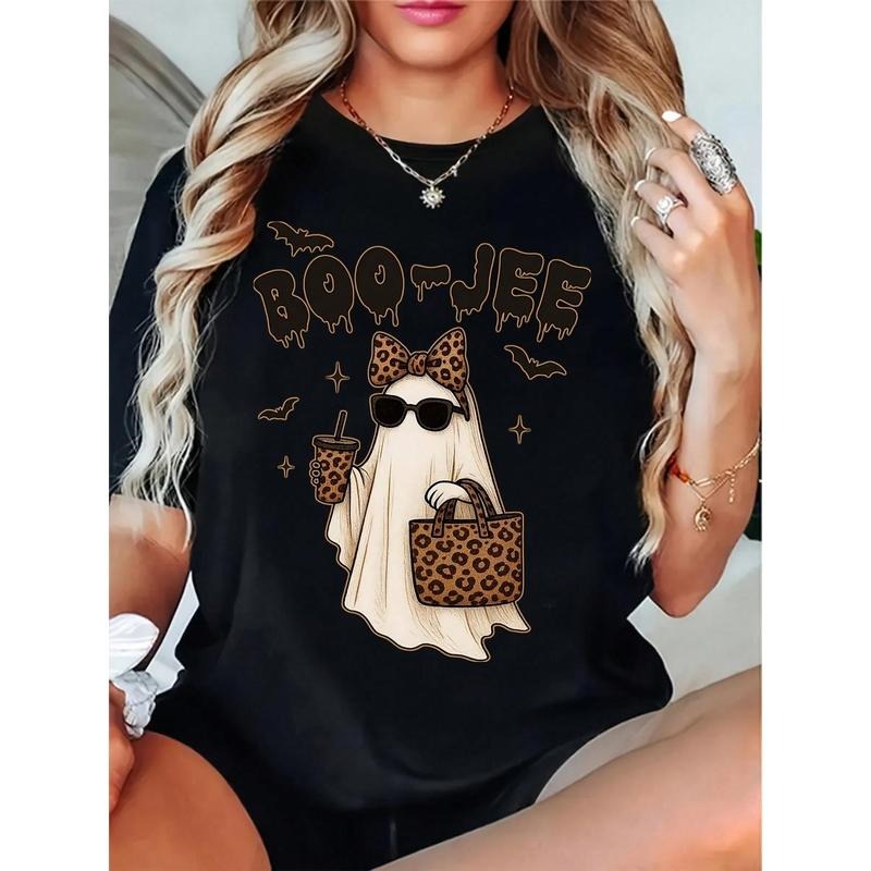 Plus Size Cute Ghost Graphic T-Shirt Women's Boo-Jee Leopard Print Halloween Party Tee For Women 220g Hoodie, Sweatshirt