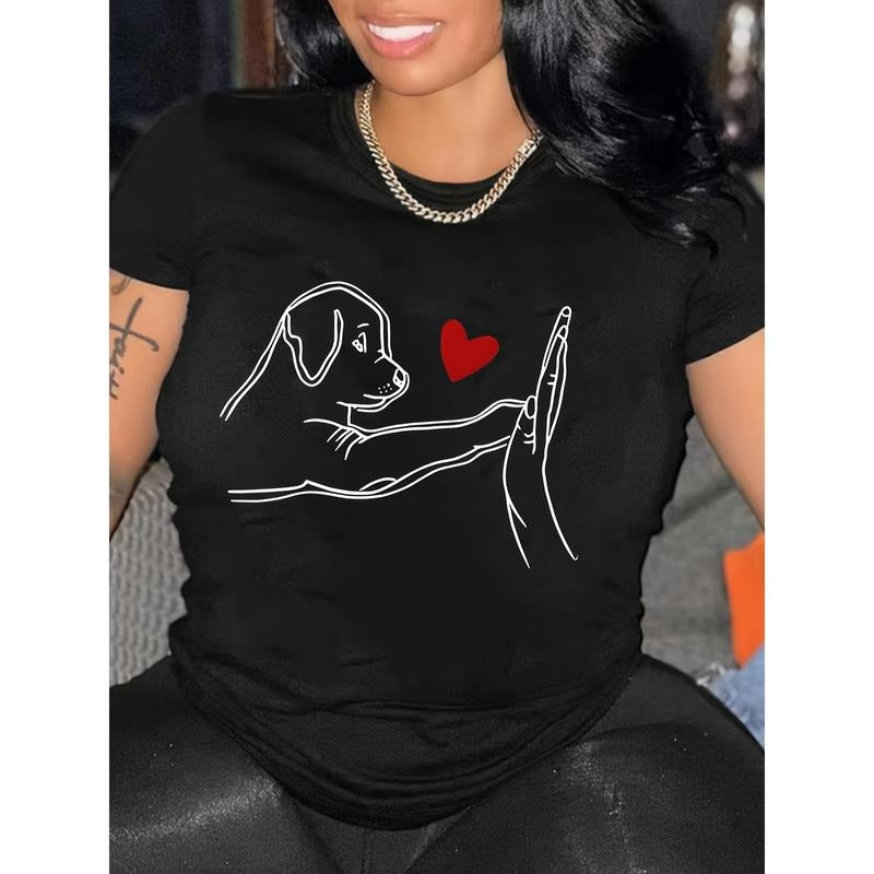 Plus Size Dog Print T-Shirt, Casual Short Sleeve Top For Spring & Summer, Women's Plus Size Clothing Hoodie, Sweatshirt