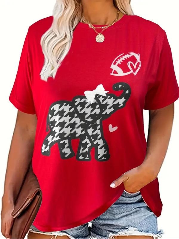 Plus Size Elephant Print Round Neck Tee, Casual Short Sleeve Crew Neck T-shirt for Summer, Women's Plus Clothing for...
