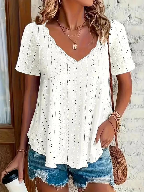 Plus Size Eyelet Embroidery Contrast Lace Tee, Casual Short Sleeve V Neck T-shirt, Women's Plus Size Clothing for Daily...