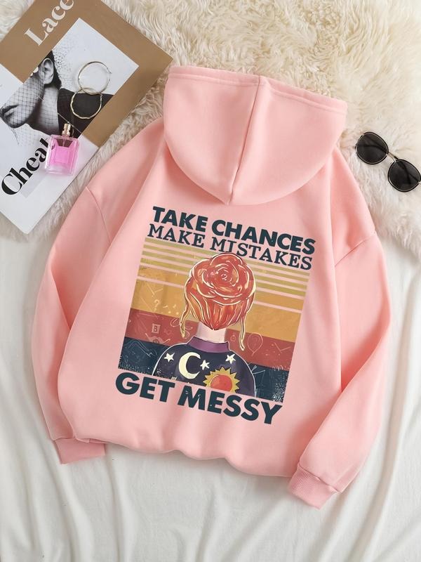 Plus Size Figure & Letter Print Drop Shoulder Drawstring Hoodie, Fashion Casual Kangaroo Pocket Hooded Sweatshirt for...