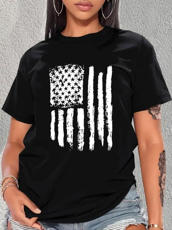 Plus Size Flag Print Tee, Casual Short Sleeve Crew Neck T-shirt for Summer, Women's Plus Clothing for Daily Wear Hoodie,...