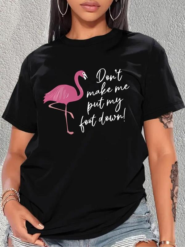 Plus Size Flamingo & Letter Print Round Neck Tee, Casual Short Sleeve Crew Neck T-shirt for Summer, Women's Plus Clothing...