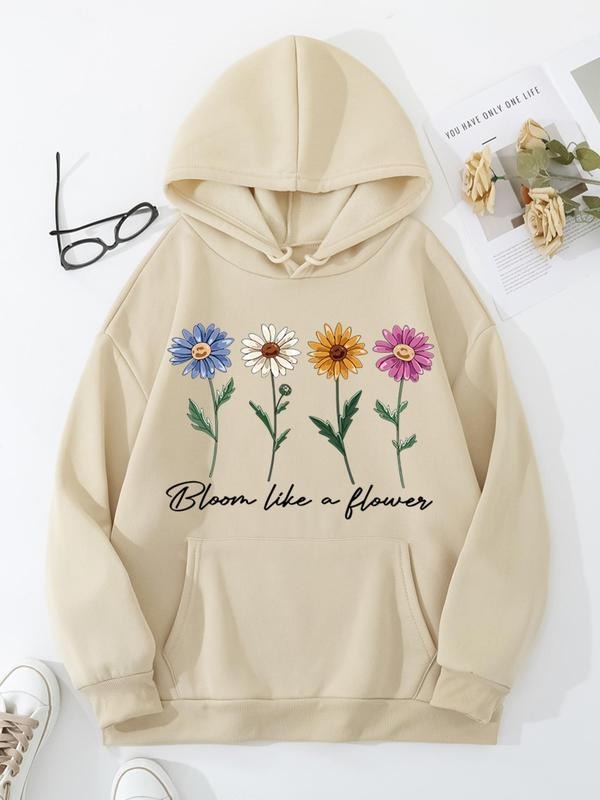 Plus Size Floral & Letter Print Drop Shoulder Hoodie, Fashion Casual Drawstring Pocket Hooded Sweatshirt for Daily...