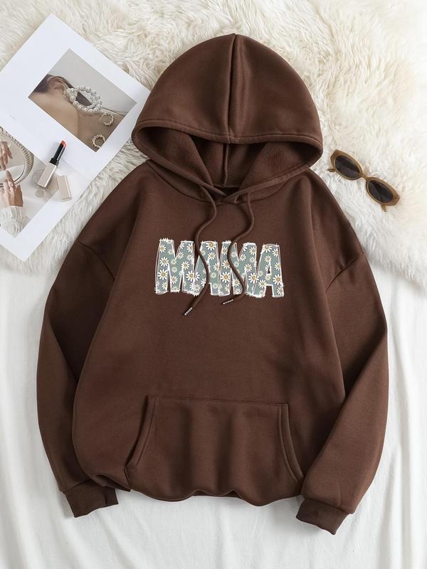 Plus Size Floral & Letter Print Drop Shoulder Hoodie, Trendy Drawstring Pocket Hooded Sweatshirt for Daily Holiday...