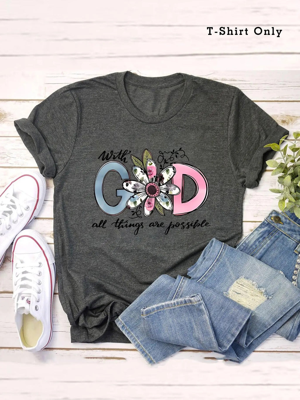 Plus Size Floral & Letter Print Round Neck Tee, Casual Short Sleeve Crew Neck T-shirt, Women Plus Clothing for Summer...