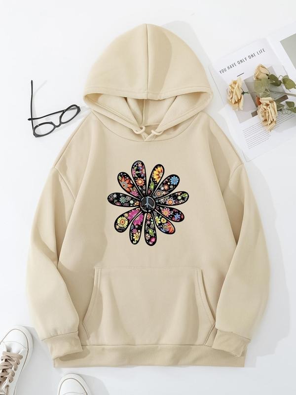 Plus Size Floral Print Drop Shoulder Drawstring Hoodie, Fashion Casual Kangaroo Pocket Hooded Sweatshirt for Daily...