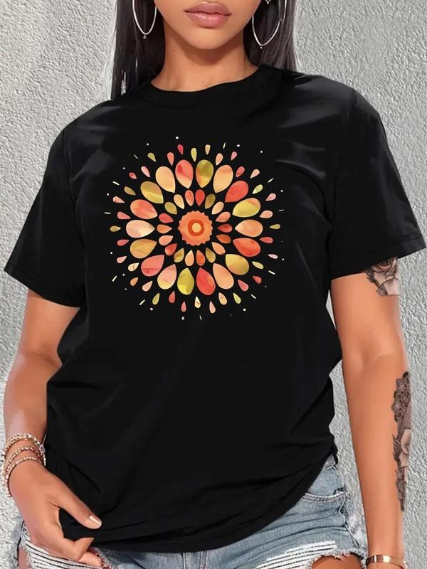 Plus Size Floral Print Round Neck Tee, Vintage Trendy Casual Short Sleeve T-shirt for Daily Wear, Ladies Plus Clothing...