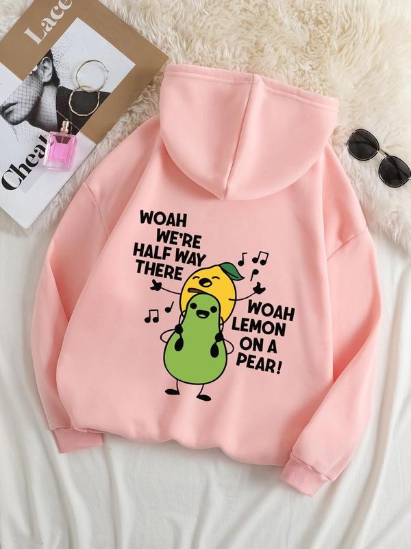 Plus Size Fruit  & Letter Print Drop Shoulder Hoodie, Fashion Casual Drawstring Pocket Hooded Sweatshirt for Daily...