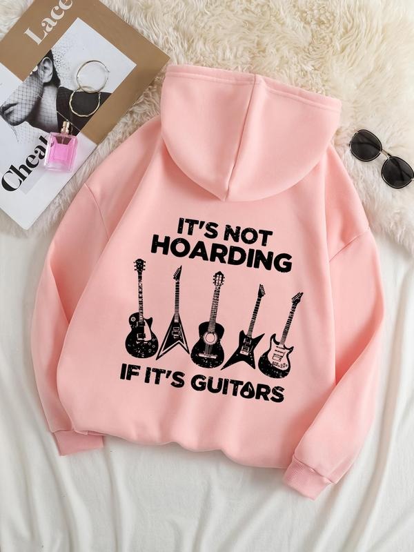 Plus Size Guitar & Letter Print Drawstring Pocket Hoodie, Casual Drop Shoulder Long Sleeve Hooded Sweatshirt, Women's...