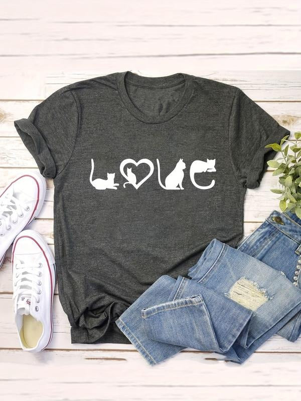 Plus Size Heart & Cat Print Round Neck Tee, Fashion Casual Short Sleeve T-Shirt for Daily Outdoor Wear, Women Plus...