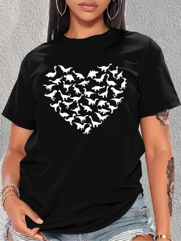 Plus Size Heart & Dinosaur Print Round Neck Tee, Casual Short Sleeve T-Shirt for Summer, Women's Plus Clothing for Daily...