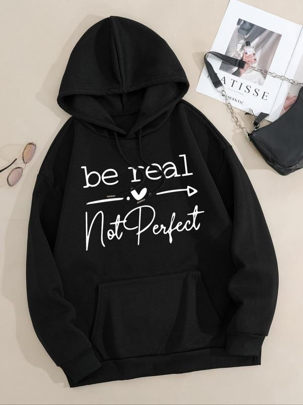 Plus Size Heart & Letter Print Drop Shoulder Hoodie, Casual Drawstring Pocket Hooded Sweatshirt for Daily Outdoor Wear,...
