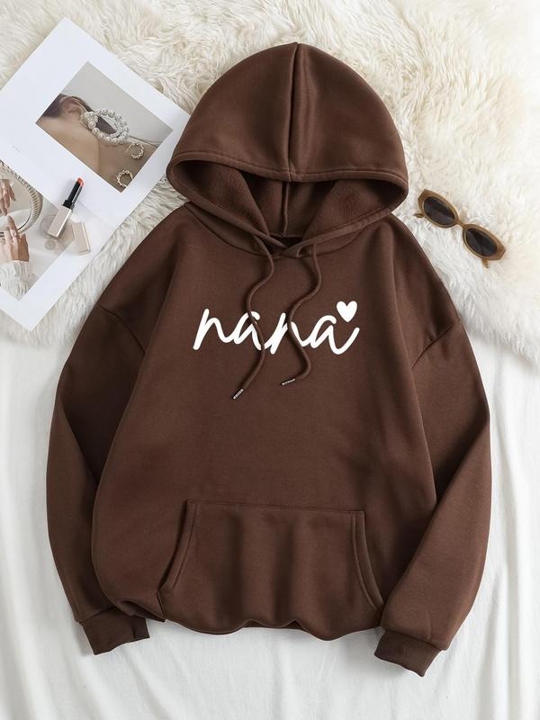 Plus Size Heart & Letter Print Drop Shoulder Hoodie, Fashion Casual Drawstring Pocket Hooded Sweatshirt for Daily Holiday...