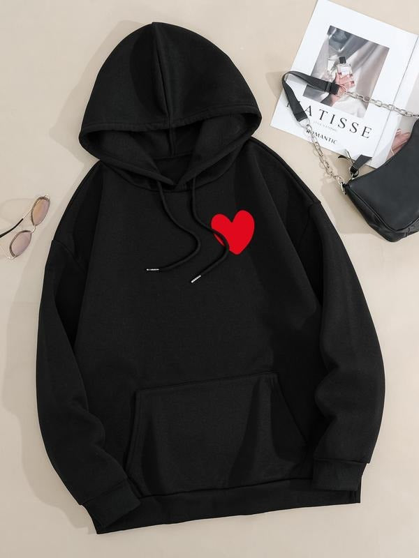 Plus Size Heart Print Drop Shoulder Drawstring Hoodie, Casual Long Sleeve Kangaroo Pocket Hooded Sweatshirt for Fall &...