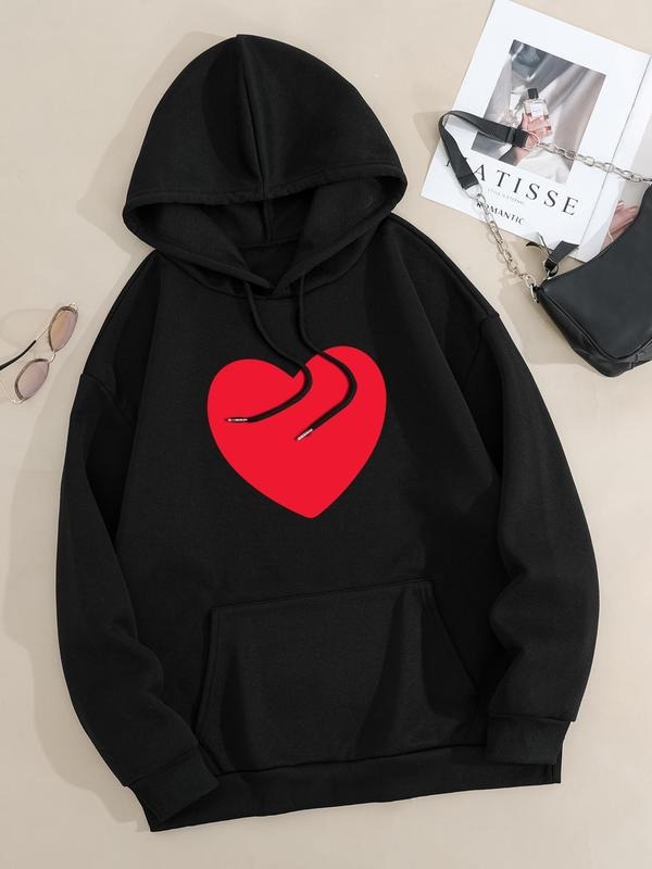Plus Size Heart Print Drop Shoulder Drawstring Hoodie, Fashion Casual Pocket Hooded Sweatshirt for Daily Outdoor Wear,...