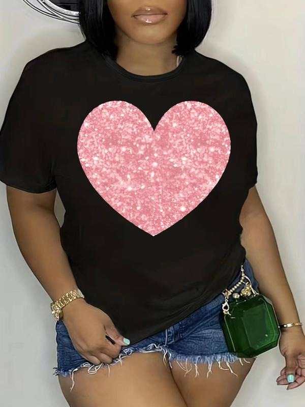 Plus Size Heart Print Round Neck Tee, Casual Short Sleeve T-shirt for Summer, Women's Plus Clothing for Daily Wear...