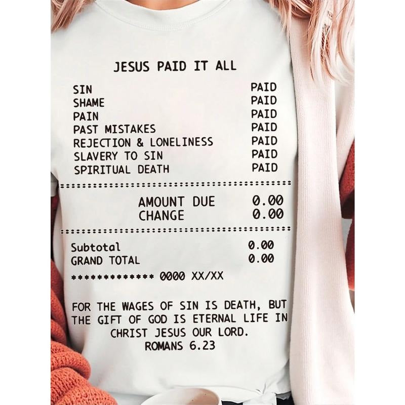 Plus Size Jesus Paid It All Religious Faith Christ English Graphic Print Round Neck Oversized T-Shirt For Women Hoodie,...