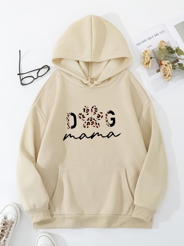 Plus Size Leopard & Letter Print Drop Shoulder Hoodie, Fashion Casual Drawstring Pocket Hooded Sweatshirt for Daily...