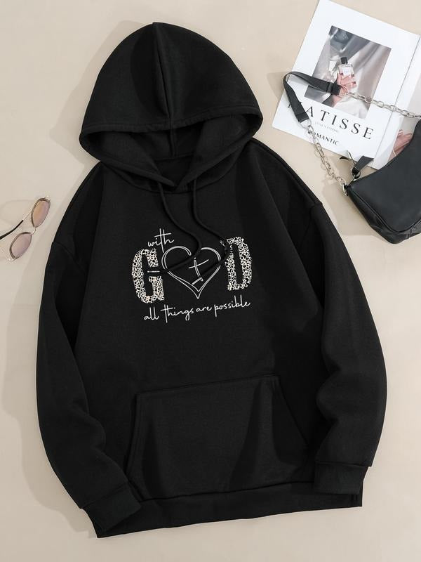 Plus Size Leopard & Letter Print Drop Shoulder Hoodie, Fashion Casual Drawstring Pocket Hooded Sweatshirt for Daily...