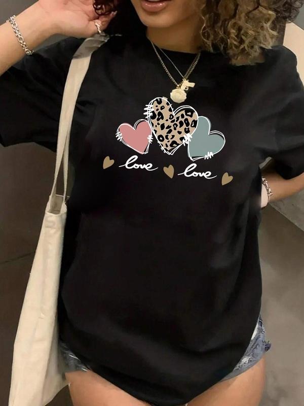 Plus Size Leopard Heart & Letter Print Round Neck Tee, Casual Short Sleeve Crew Neck T-shirt, Women's Plus Clothing for...