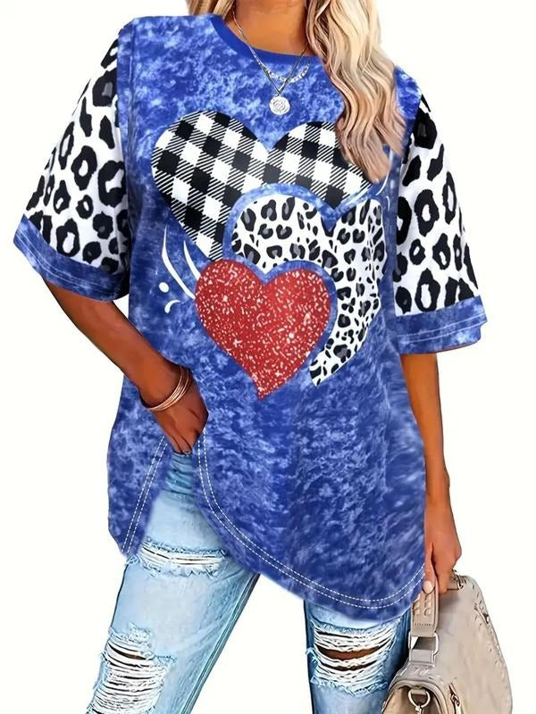 Plus Size Leopard Heart Print Drop Shoulder Tee, Casual Half Sleeve Round Neck T-Shirt for Summer, Women's Plus Clothing...