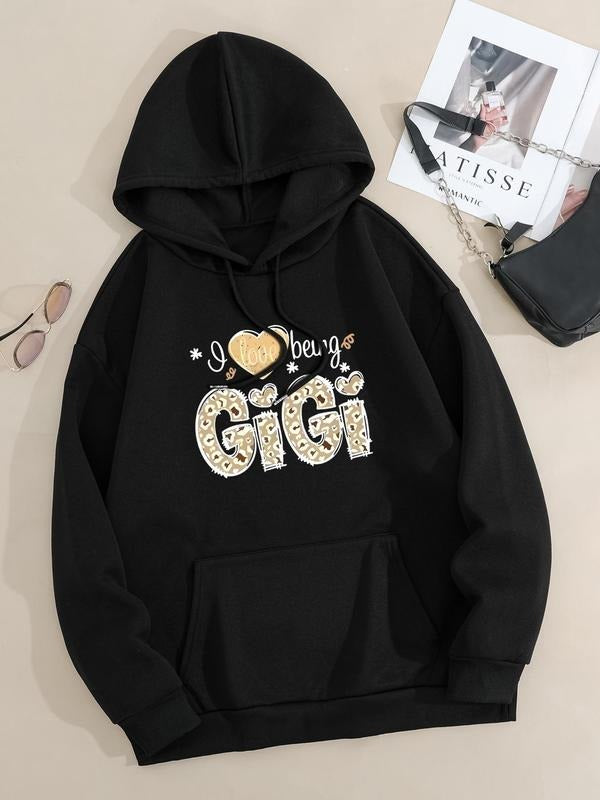 Plus Size Leopard Letter & Heart Print Drop Shoulder Drawstring Hoodie, Fashion Casual Pocket Hooded Sweatshirt for Daily...