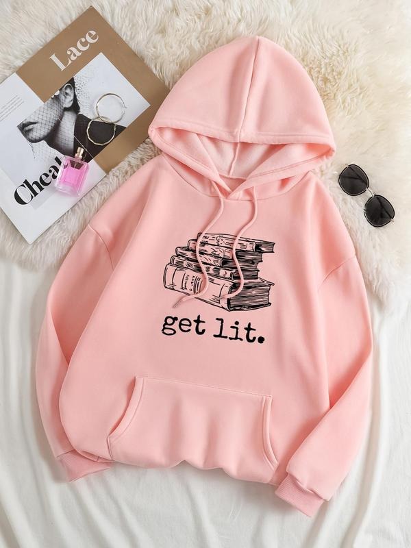 Plus Size Letter & Book Print Drop Shoulder Hoodie, Fashion Casual Drawstring Pocket Hooded Sweatshirt for Daily Holiday...