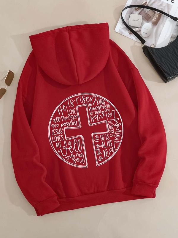 Plus Size Letter & Cross Print Drawstring Pocket Drop Shoulder Hoodie, Stylish Long Sleeve Hooded Sweatshirt for Daily...
