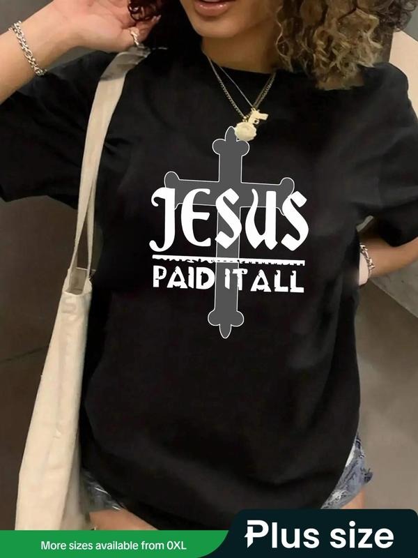 Plus Size Letter & Cross Print Round Neck Tee, Fashion Casual Short Sleeve T-shirt for Daily Outdoor Wear, Women Clothing...