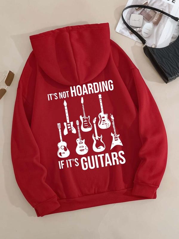 Plus Size Letter & Guitar Print Drop Shoulder Long Sleeve Hoodie, Trendy Drawstring Kangaroo Pocket Hooded Sweatshirt for...
