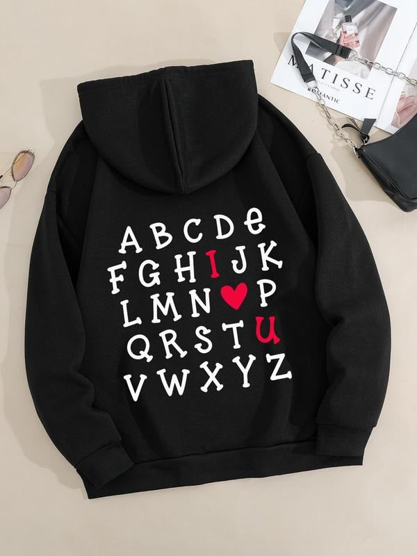 Plus Size Letter & Heart Print Drop Shoulder Drawstring Hoodie, Fashion Casual Pocket Hooded Sweatshirt for Daily Holiday...