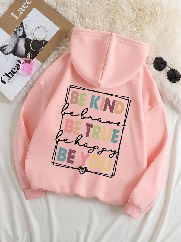 Plus Size Letter & Heart Print Drop Shoulder Hoodie, Fashion Casual Drawstring Pocket Hooded Sweatshirt for Daily Holiday...