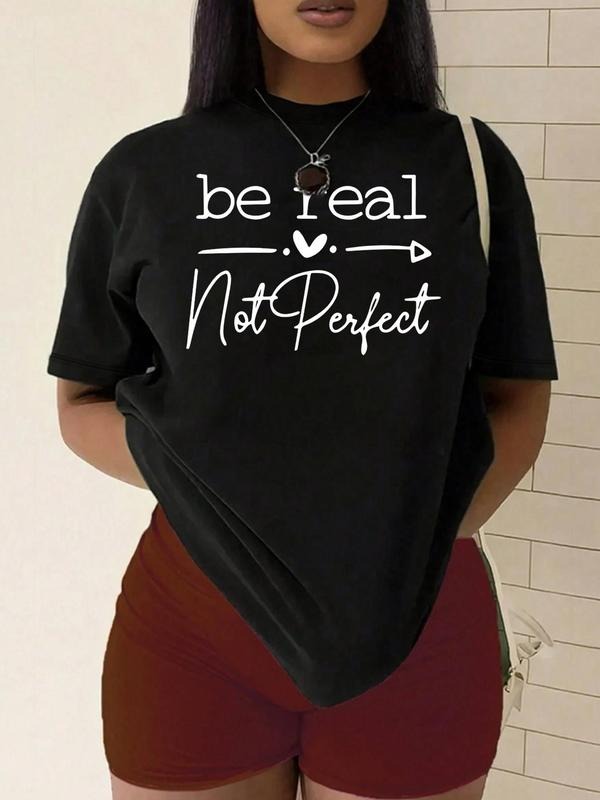 Plus Size Letter & Heart Print Round Neck Tee, Fashion Casual Crew Neck Short Sleeve T-Shirt for Daily Outdoor Wear,...