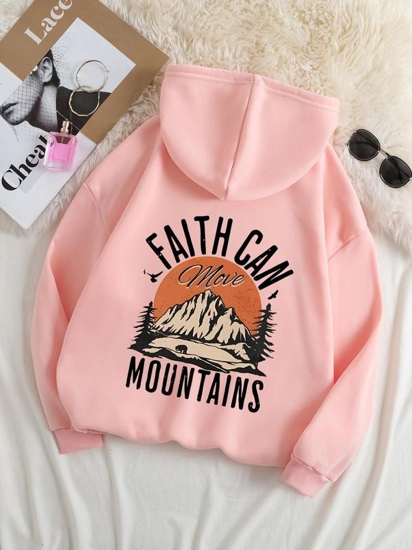 Plus Size Letter & Mountain Print Drop Shoulder Drawstring Hoodie, Fashion Casual Kangaroo Pocket Hooded Sweatshirt for...