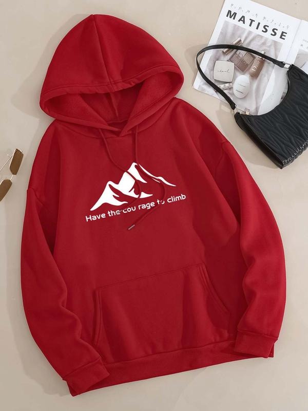 Plus Size Letter & Mountain Print Drop Shoulder Hoodie, Fashion Casual Drawstring Pocket Hooded Sweatshirt for Daily...