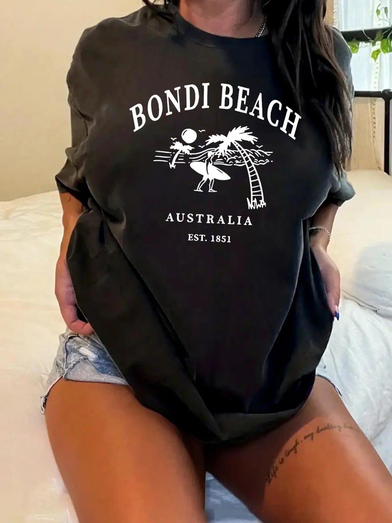 Plus Size Letter & Palm Tree Print Round Neck Graphic Tee, Vintage Trendy Casual Short Sleeve T-shirt for Daily Wear,...
