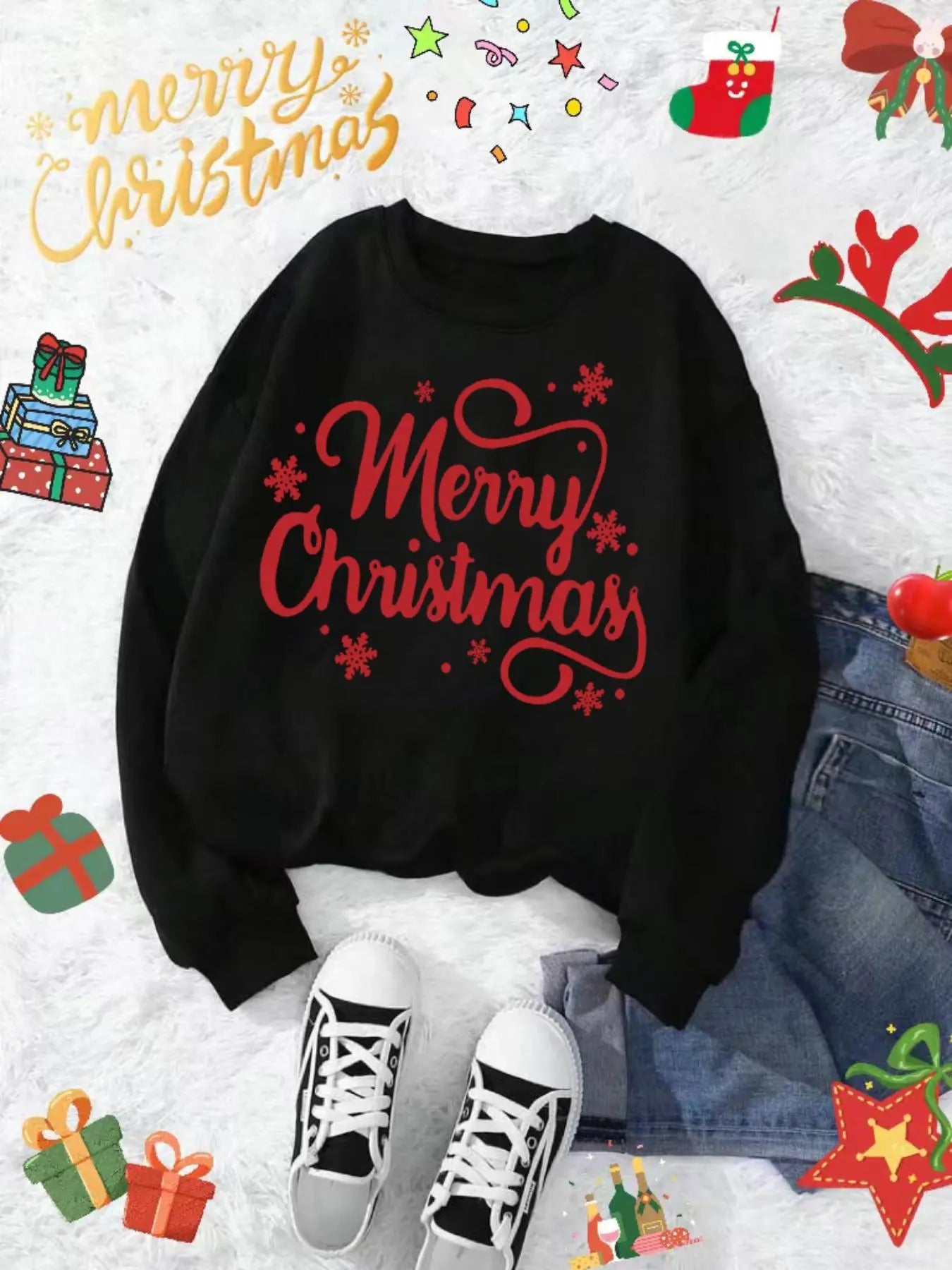 Plus Size Letter & Snowflake Print Drop Shoulder Sweatshirt, Casual Long Sleeve Round Neck Pullover for Daily Wear,...