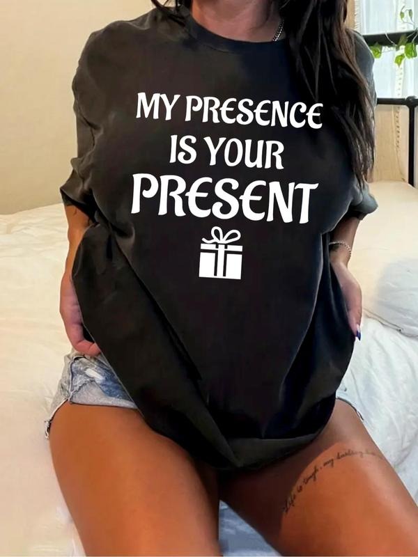 Plus Size Letter Gift Print Crewneck Tee, Casual Streetwear Half Sleeve Drop Shoulder  T-shirt for Summer, Women's Plus...