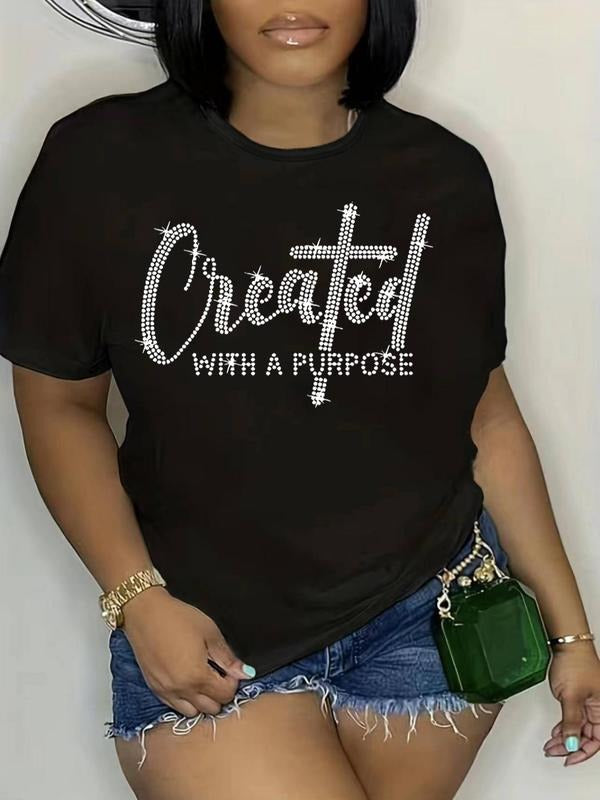 Plus Size Letter Print Contrast Sequin Round Neck Tee, Casual Short Sleeve Crew Neck T-shirt for Summer, Women's Plus...