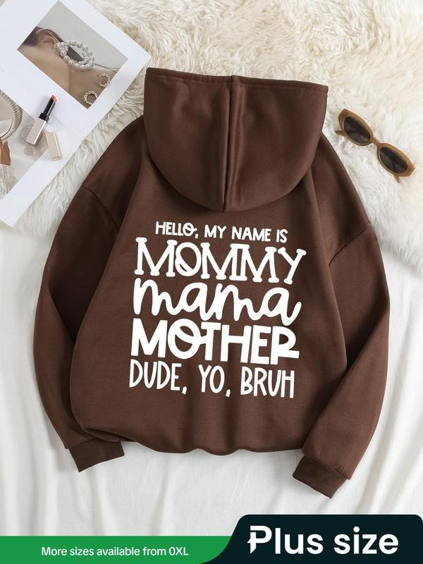 Plus Size Letter Print Drawstring Hoodie, Fashion Casual Pocket Hooded Sweatshirt for Daily Holiday Outdoor Wear, Women...
