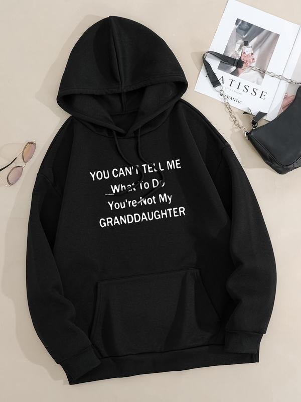 Plus Size Letter Print Drawstring Hoodie, Fashion Casual Pocket Hooded Sweatshirt for Daily Holiday Outdoor Wear, Women...